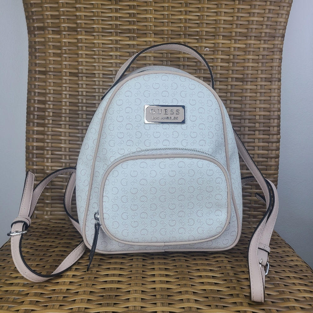 Guess Mini Backpack Bag Faux Leather White Cream Adjustable Multiple Pockets